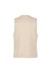 Top beige senza maniche con un design strutturato, caratterizzato da un collo alto e un tessuto liscio e testurizzato senza chiusure visibili.