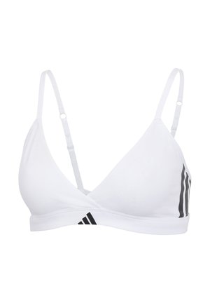 Witte sportbeha met verstelbare dunne bandjes, zwart Adidas-logo op het midden aan de voorkant en drie zwarte strepen aan de zijkant.