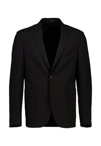 Blazer nero con chiusura frontale a un solo bottone, rever a lancia, due tasche frontali e tessuto liscio e strutturato. Vestibilità sartoriale, interno non foderato.