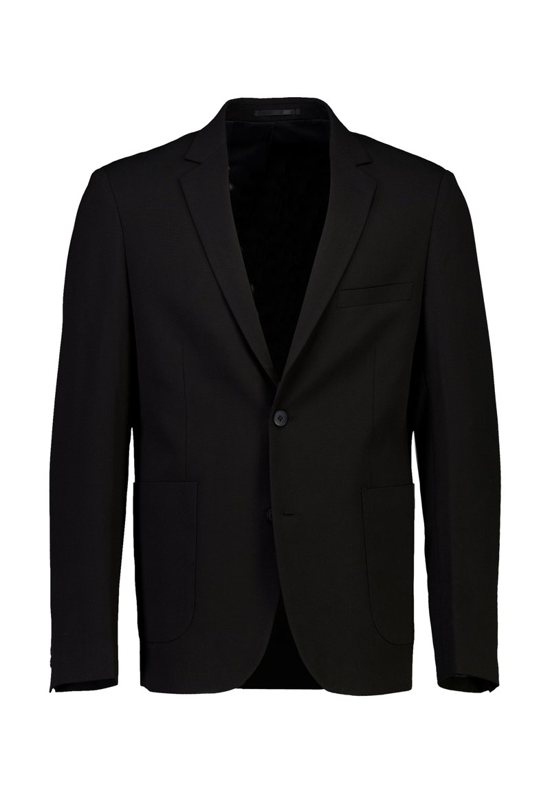 Blazer nero con chiusura frontale a un solo bottone, rever a lancia, due tasche frontali e tessuto liscio e strutturato. Vestibilità sartoriale, interno non foderato.