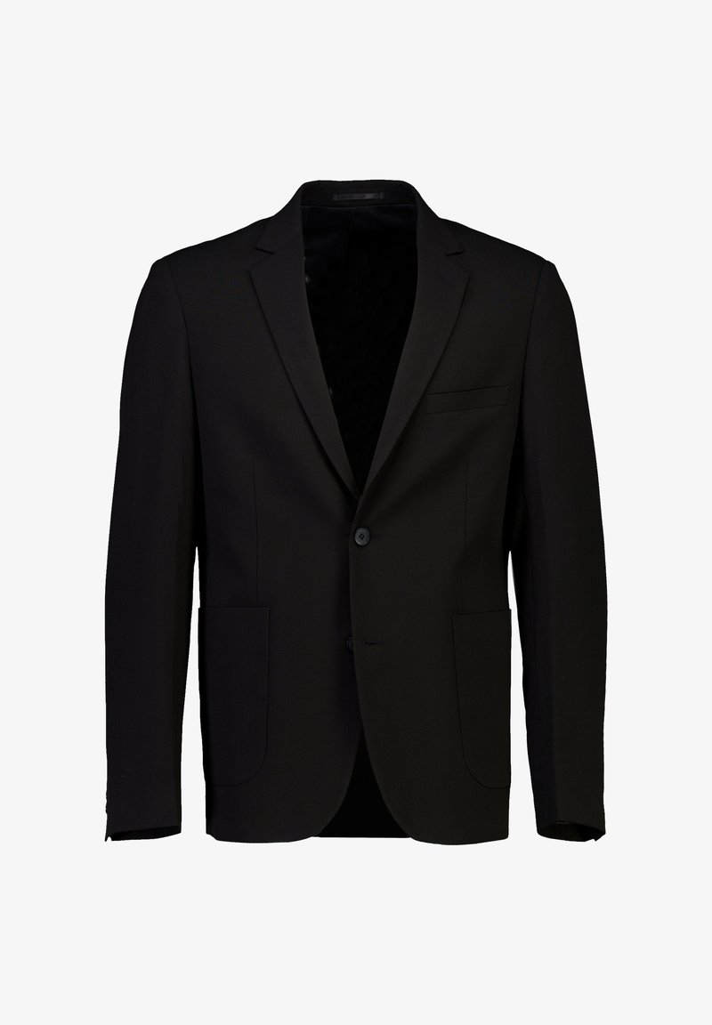 Blazer nero con chiusura frontale a un solo bottone, rever a lancia, due tasche frontali e tessuto liscio e strutturato. Vestibilità sartoriale, interno non foderato.