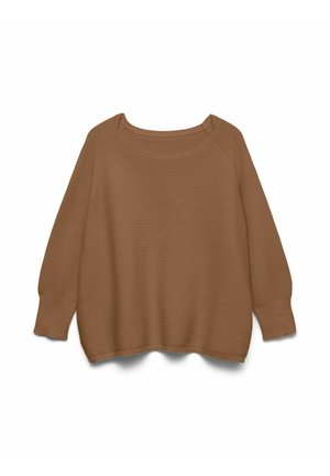 Rudos spalvos megztinis su šonkaulių raštu, plačia apvali iškirpte, nuleistais peties siūlėmis ir ilgomis rankovėmis. Minkšta tekstūra, laisvo silueto su apačia.