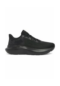 Black athletic shoe with a breathable mesh upper, rubber sole, and lace-up design. Notable textured detailing on the sides and midsole.