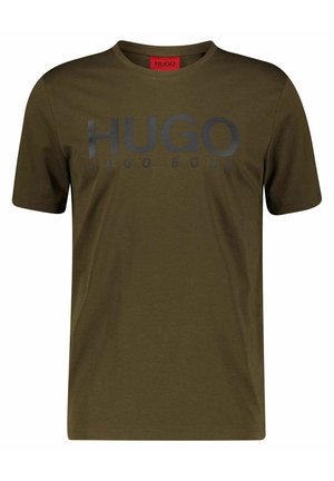 Short-sleeve olive green T-shirt with round neck and black "HUGO HUGO BOSS" logo printed on the front center.
