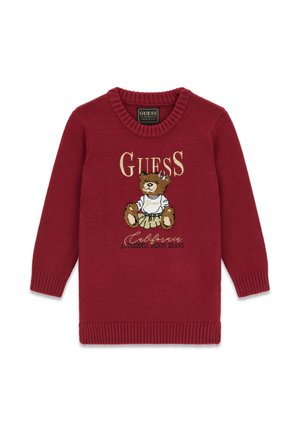Maglione rosso lavorato a maglia con grafica di un orso, lettering dorato "GUESS" e polsini e orlo a coste. Realizzato in un materiale morbido e texturizzato.