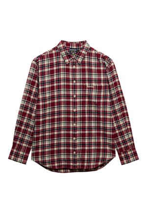 Camisa de manga larga con botones, estampado de cuadros en rojo, blanco y azul, y un bolsillo en el pecho bordado con el logo de Superdry.