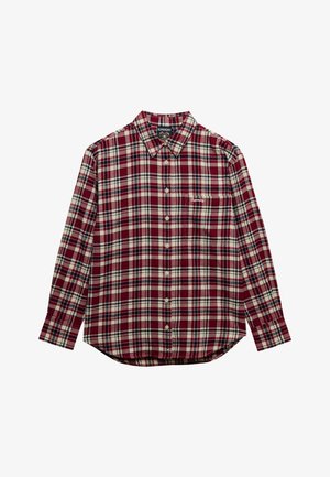 Camisa de manga larga con botones, estampado de cuadros en rojo, blanco y azul, y un bolsillo en el pecho bordado con el logo de Superdry.