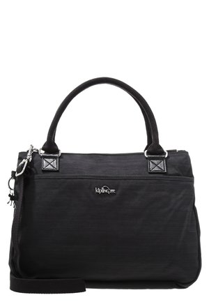 Sac à main rectangulaire noir avec deux poignées courtes, bandoulière amovible et logo Kipling argenté au centre avant.