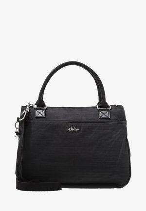 Czarna prostokątna torebka z dwoma krótkimi uchwytami, odpinanym paskiem na ramię oraz srebrnym logo Kipling na środku przodu.