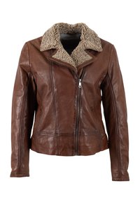 Bruine leren jas met een getextureerde, tan faux-shearling kraag, ritssluiting aan de voorkant en twee ingezette zakken. Klassieke motorkleding ontwerpelementen.