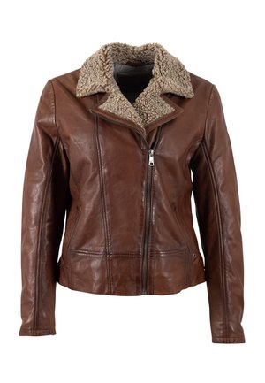 Giacca in pelle marrone con un colletto in shearling beige texturizzato, chiusura frontale con zip e due tasche inserite. Elementi di design classico da moto.