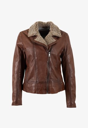 Braune Lederjacke mit strukturiertem, hellbraunem Schafslederkragen, Frontreißverschluss und zwei eingesetzten Taschen. Klassische Designelemente des Motorrads.