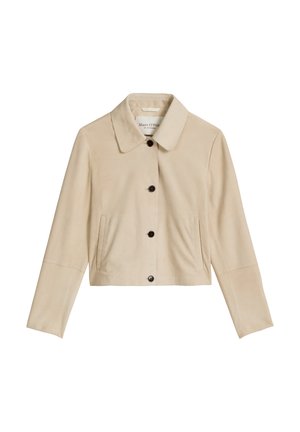 Beige cropped jack met puntkraag, lange mouwen, knoopsluiting aan de voorkant en twee verticale zijzakken.