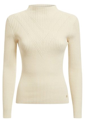 Pull crème côtelé à col montant, présentant un motif en forme de V et des manches longues. Fabriqué à partir d'un matériau doux avec des détails texturés subtils.