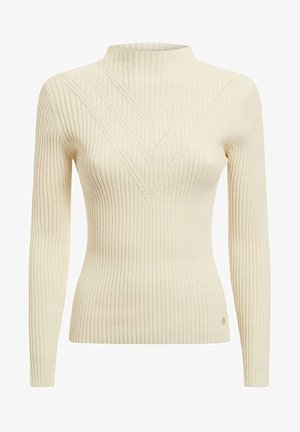 Pull crème côtelé à col montant, présentant un motif en forme de V et des manches longues. Fabriqué à partir d'un matériau doux avec des détails texturés subtils.