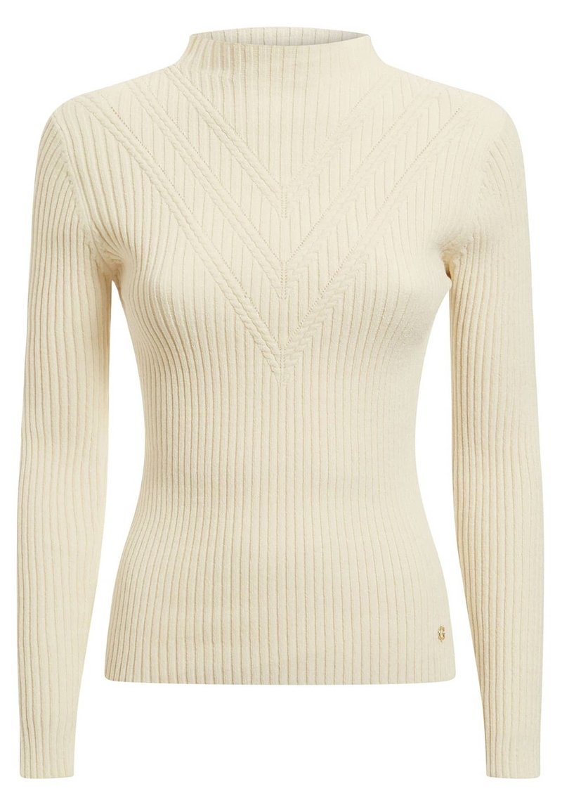 Pull crème côtelé à col montant, présentant un motif en forme de V et des manches longues. Fabriqué à partir d'un matériau doux avec des détails texturés subtils.