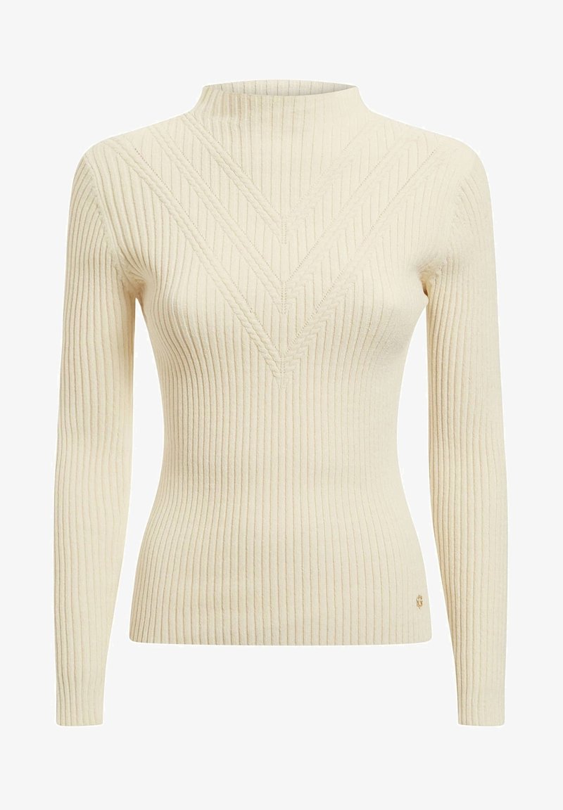 Pull crème côtelé à col montant, présentant un motif en forme de V et des manches longues. Fabriqué à partir d'un matériau doux avec des détails texturés subtils.