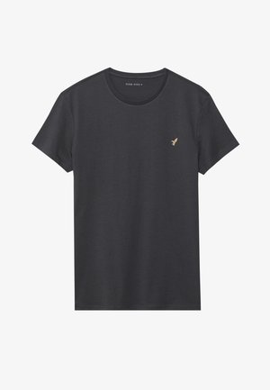 T-shirt da uomo in cotone grigio scuro con colletto a girocollo. Presenta un piccolo logo di un uccello ricamato in oro sul lato sinistro del petto. Maniche corte, vestibilità normale.