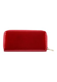 Portafoglio in pelle verniciata rossa con chiusura a zip e texture liscia e lucida. Presenta dettagli in oro sul tirante della zip. Forma rettangolare.