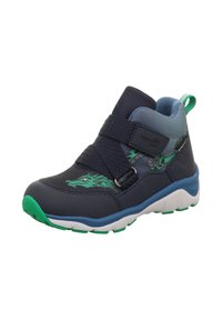 Granatowy but sportowy z zielonymi akcentami, górna część z elastycznej tkaniny, pasek na rzep oraz teksturowana podeszwa zapewniająca przyczepność. Charakteryzuje się kolorowym wzorem.