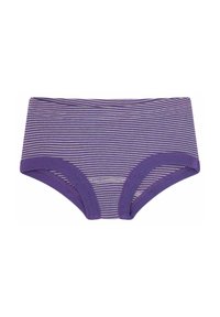 Mutande a righe viola realizzate in un tessuto morbido e elastico. Presentano un alto elastico in vita e aperture per le gambe a contrasto.