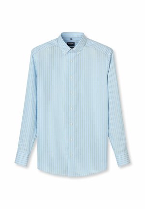 Lichtblauw overhemd met lange mouwen, knoopsluiting, dunne verticale witte en groene strepen, knoopkraag en knopen aan de voorkant.