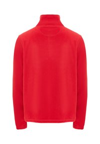 Rød fleece-pullover med høj krave, glat tekstur, lange ærmer og et simpelt, fladt design. Ingen synlig branding eller mønstre.