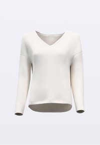 Weißer V-Ausschnitt-Pullover mit langen Ärmeln, gefertigt aus weichem Material. Verfügt über gerippte Bündchen und einen leicht abgerundeten Saum.