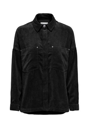 Svart kordfløyels skjorte med lange ermer og krage, frontlukking med knapper, samt to brystlommer med metalltrykknapper.