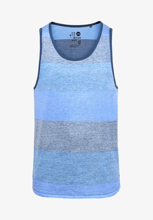 Sinise triibuline tank top, kus on erinevad sinise ja halli tooni. Valmistatud kergest kangast, ümar kaelus ja ilma varrukateta disain.