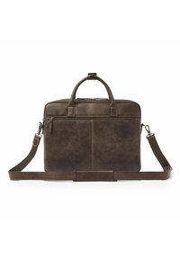 Mallette en cuir marron foncé avec poignées supérieures, poche avant zippée et bandoulière réglable avec section rembourr ée, sur fond blanc.