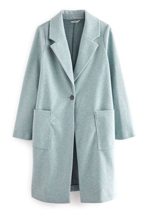 Manteau en mélange de laine bleu clair avec un col cranté, deux poches avant, fermeture à bouton simple et manches longues. Tissu au toucher doux.