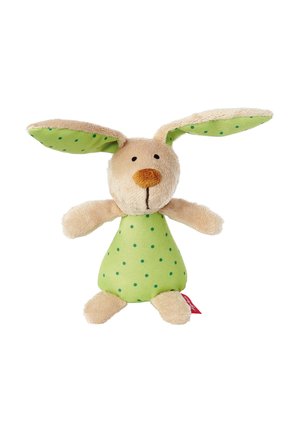 Stuffed rabbit with beige fur, green polka-dotted dress, plush ears, orange nose, and embroidered facial features.