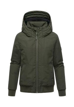 Veste à capuche verte avec une fermeture éclair à l'avant, deux poches latérales, des poignets côtelés et une doublure intérieure rembourrée. Tissu durable avec une finition mate.