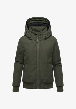 Green hooded jacket with a front zipper, two side pockets, ribbed cuffs, and a puffy inner lining. Durable fabric with a matte finish.