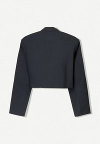 Cropped black jacket with long sleeves, tailored design, solid texture, and a notched collar. Back view shows clean lines and minimal detail.