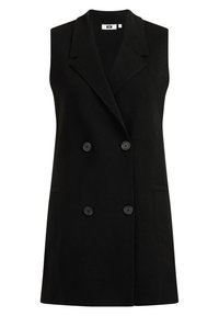 Svart ärmlös väst med notched krage, dubbelknäppt design, två framfickor och sex svarta knappar. Strukturerad tyg.