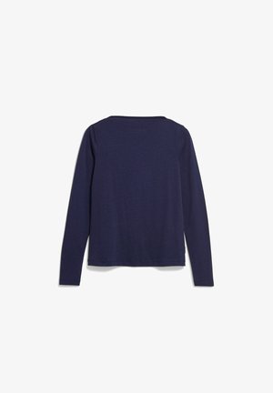 Marineblaues langärmliges Hemd mit glatter Textur, rundem Ausschnitt und geradem Saum. Keine sichtbaren Muster oder Hardware-Details.