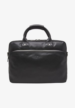 Schwarze Lederaktentasche mit oberen Tragegriffen. Verfügt über eine vordere Reißverschlusstasche und silberfarbene Hardware. Glatte Textur, rechteckige Form.