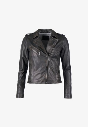 Schwarze Leder-Bikerjacke mit diagonaler Reißverschlussöffnung, zwei seitlichen Reißverschlüssen und einem Schlitzkragen. Weicher Stoff mit taillierter Passform.