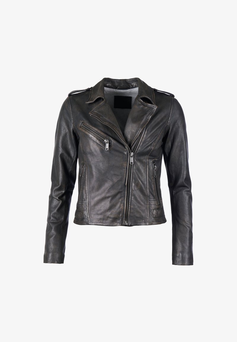 Schwarze Leder-Bikerjacke mit diagonaler Reißverschlussöffnung, zwei seitlichen Reißverschlüssen und einem Schlitzkragen. Weicher Stoff mit taillierter Passform.