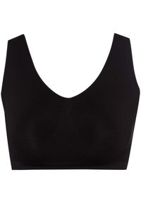 Schwarzes drahtloses Bralette mit V-Ausschnitt, nahtloser Verarbeitung und weichem Stoff. Verfügt über breite Träger und keine sichtbaren Materialien.