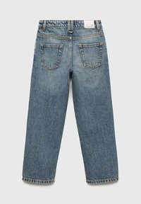 Blå denimjeans med rak passform, femfickdesign och stickade detaljer. Har hög midja och fransad nederkant.