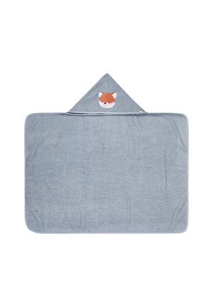 Gray hooded towel with a triangular shape. Cotton material featuring a fox face embroidery at the top. Soft texture and finished edges.