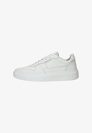 Witte leren sneaker met een gladde oppervlakte, ronde neus, platte rubberen zool en zes veteroogjes. Minimalistisch ontwerp met subtiele stiksels.
