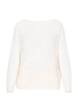 Hvid strikket sweater med en løs pasform, der har åbent mesh-design, ribbede cuffs og en lige kant. Letvægts og tekstureret udseende.