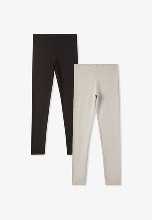 Due coppie di leggings: una nera e una grigia chiara. Realizzate in un tessuto elastico, con una texture liscia e un design aderente.