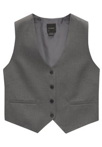 Gilet grigio con design a V, caratterizzato da sei bottoni neri e due tasche frontali. Tessuto con una texture liscia e un motivo sottile.