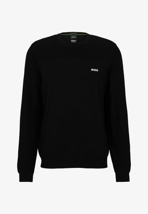 Black knitted sweater with a ribbed texture on shoulders and sleeves. Features a round neck and a small white logo on the chest.