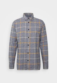 Grijs en blauw geblokt shirt gemaakt van textuurstof met gele en witte rasterlijnen, met een knoopsluiting aan de voorkant en lange mouwen.